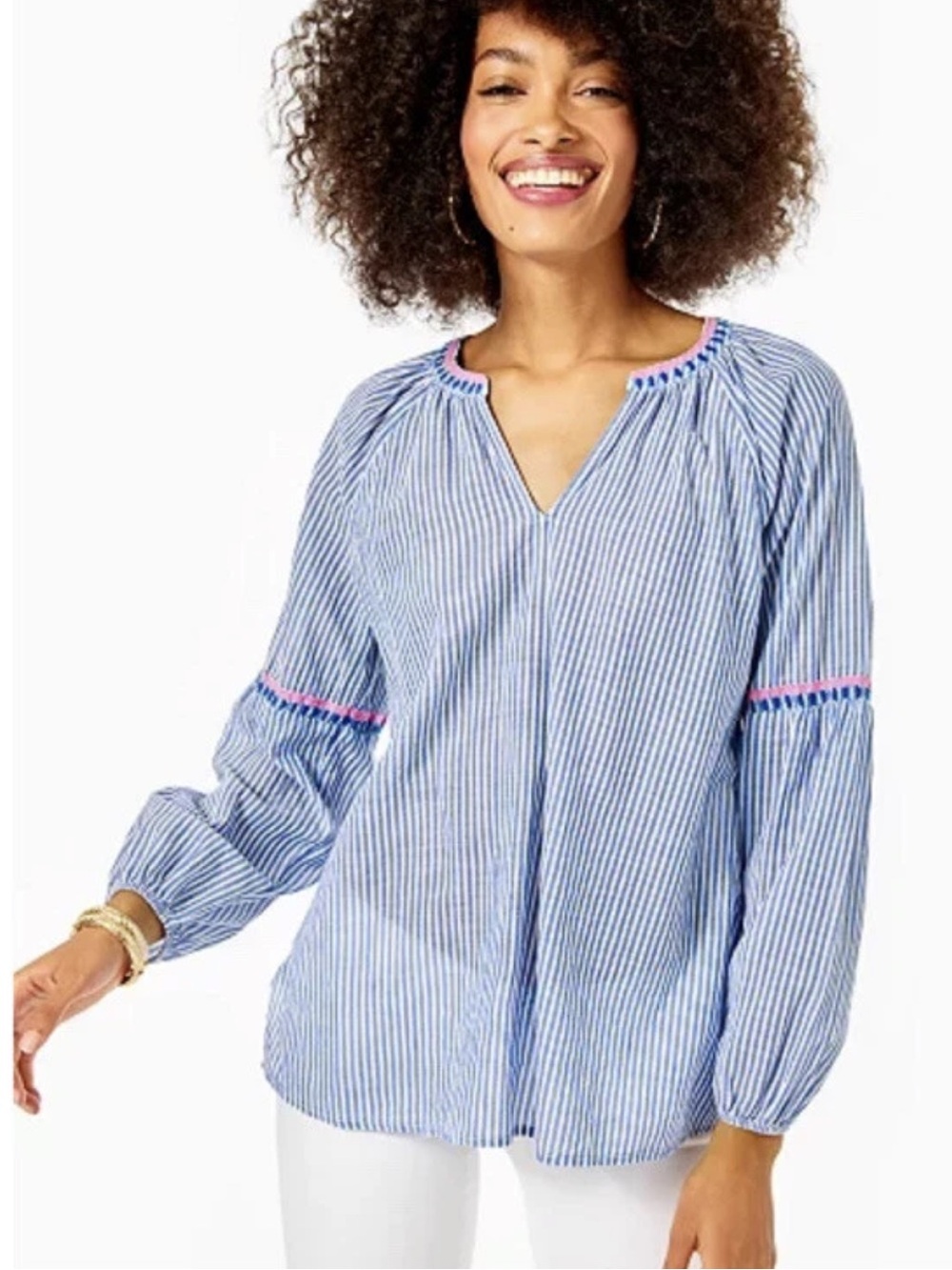 Lilly Pulitzer Taelynn Striped Peasant Blouse with Pink Trim